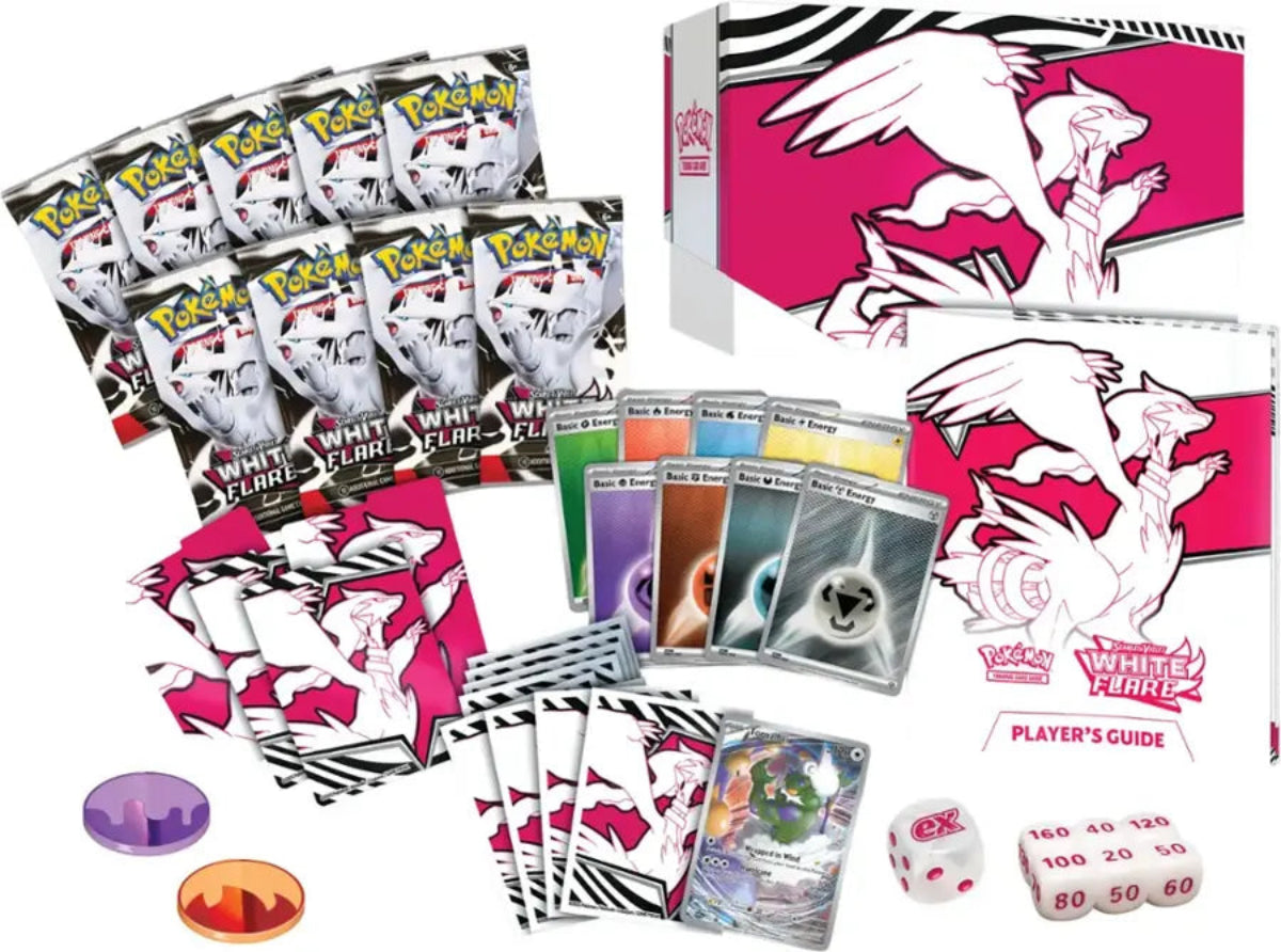 Pokémon trading card game set with cards, dice, and player's guide on a white background