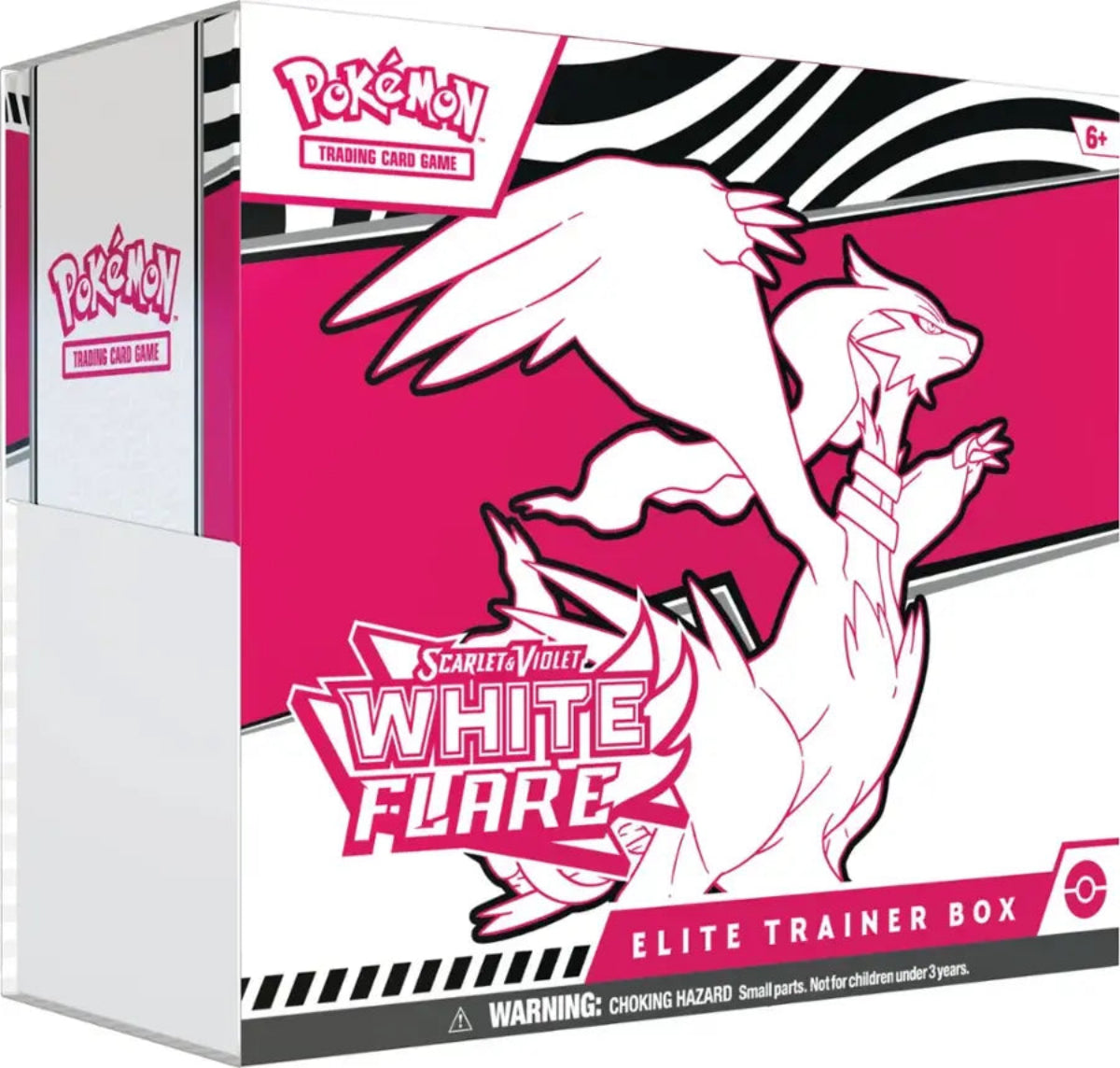 Pokémon Trading Card Game Elite Trainer Box with Scarlet & Violet White Flare design on a pink and white background.