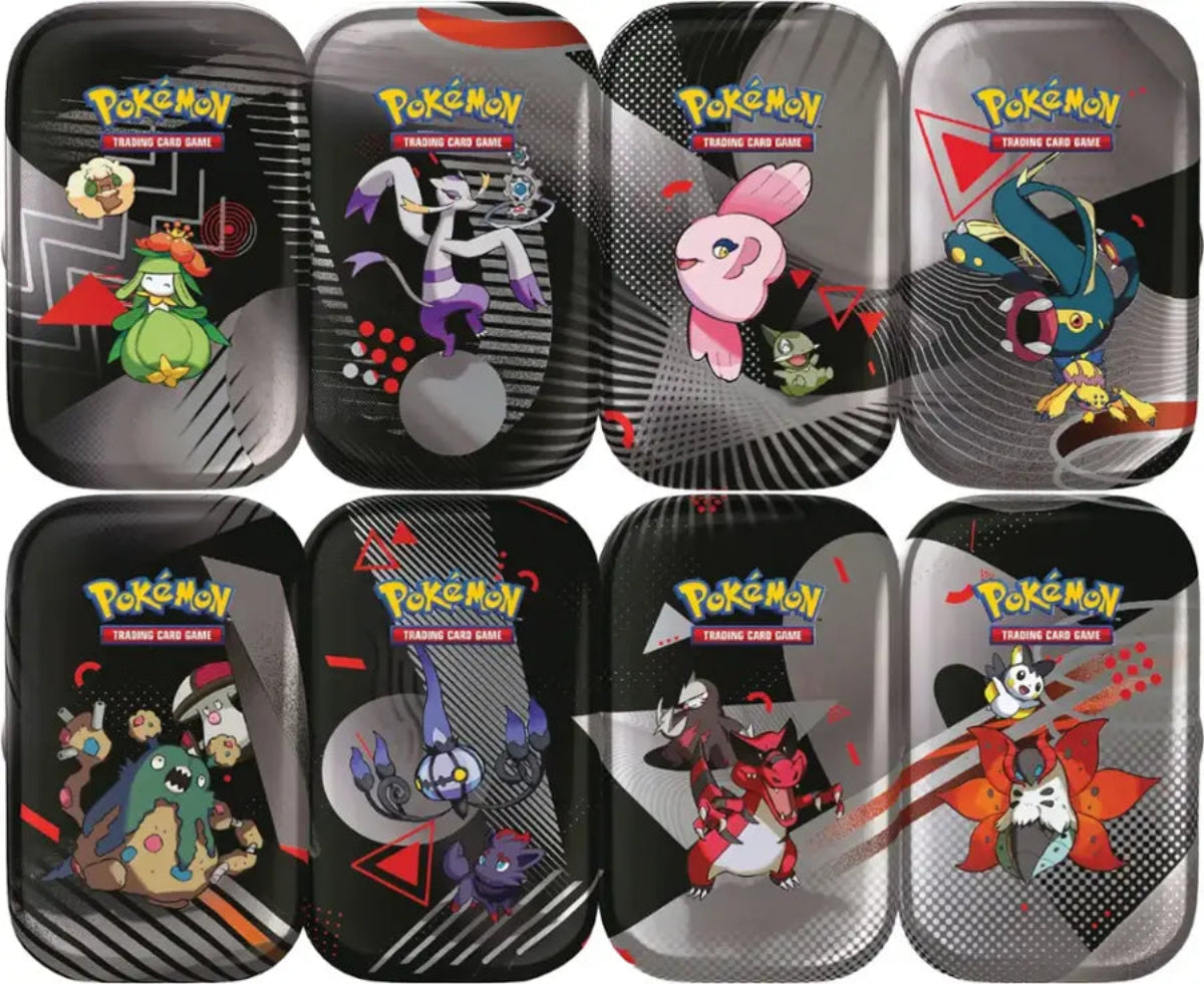 Collection of Pokémon trading card game tins with various characters on a black background