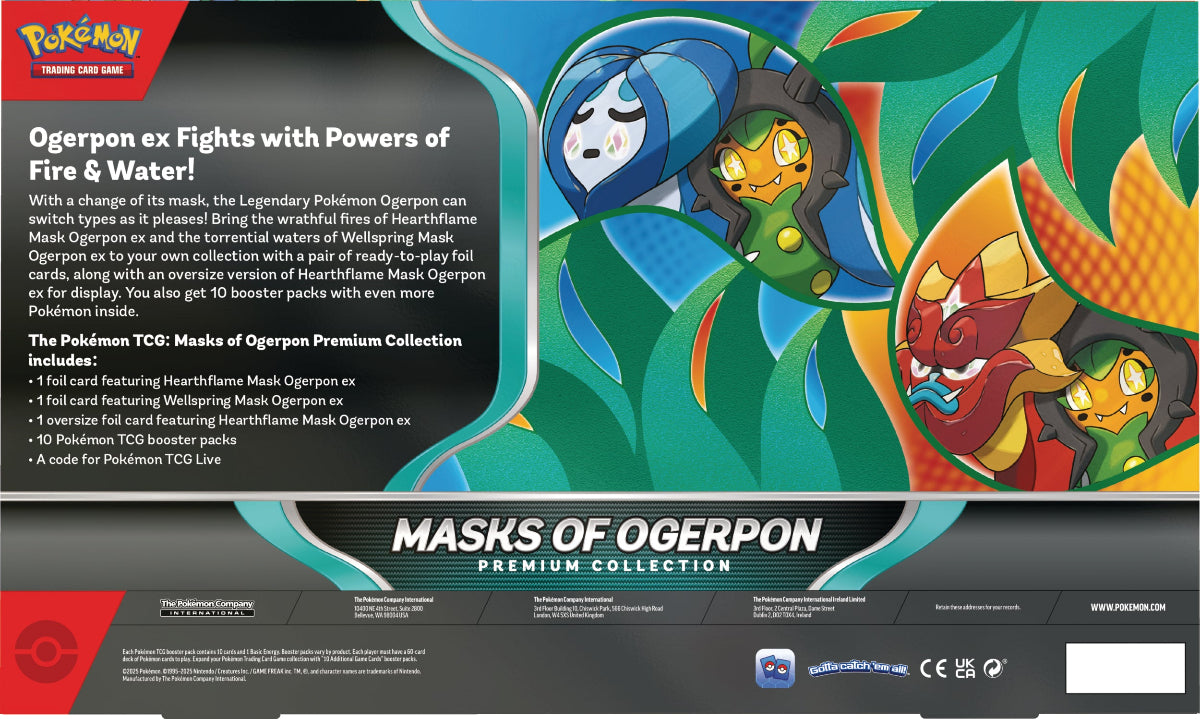 Pokémon Ogerpon ex trading card game premium collection packaging with colorful artwork and text.