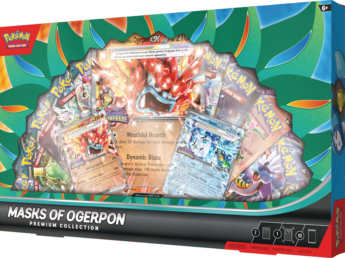 Pokémon trading card game packaging with cards and artwork on a colorful background