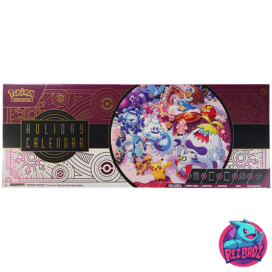 Pokémon holiday calendar packaging with character illustration and Rez Broz logo.