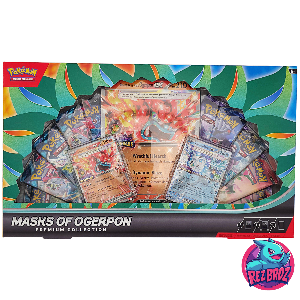 Pokémon trading card game packaging with cards and colorful background