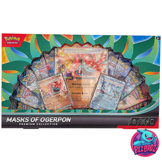 Pokémon trading card game packaging with cards and colorful background