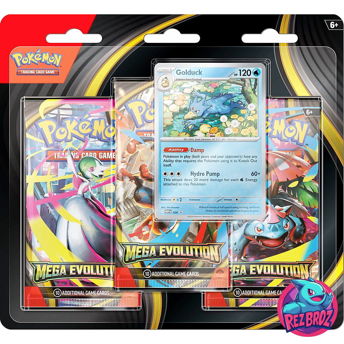 Pokémon TCG: Mega Evolution 3-Booster Blister Pack (3 Packs + Promo) - Golduck Art - Rez Broz Collectibles
