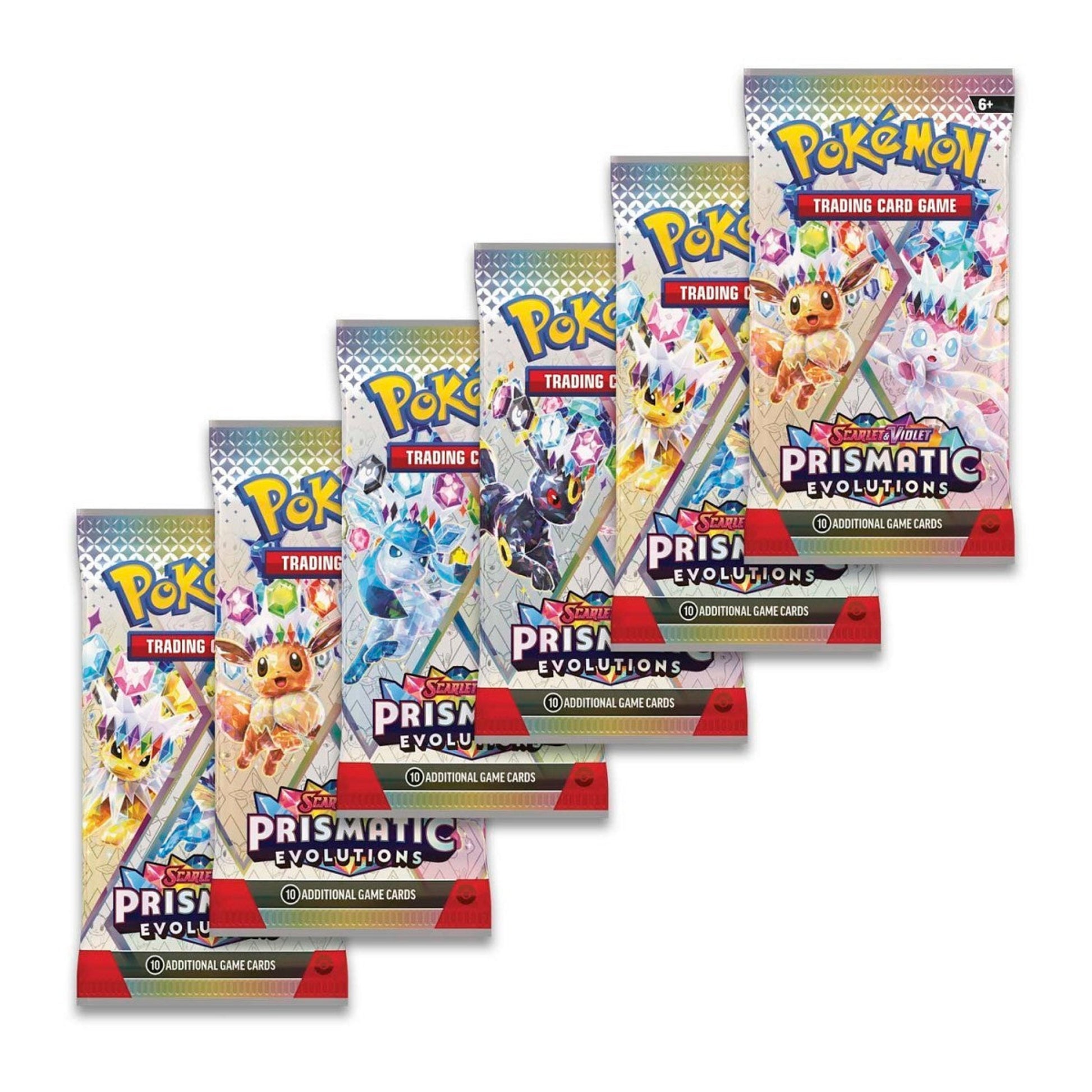 Contents view of Pokemon TCG: Scarlet & Violet - Prismatic Evolutions Booster Bundle (6 Packs) – Includes six individual booster packs with Eeveelution artwork. Sold by Rez Broz Collectibles.