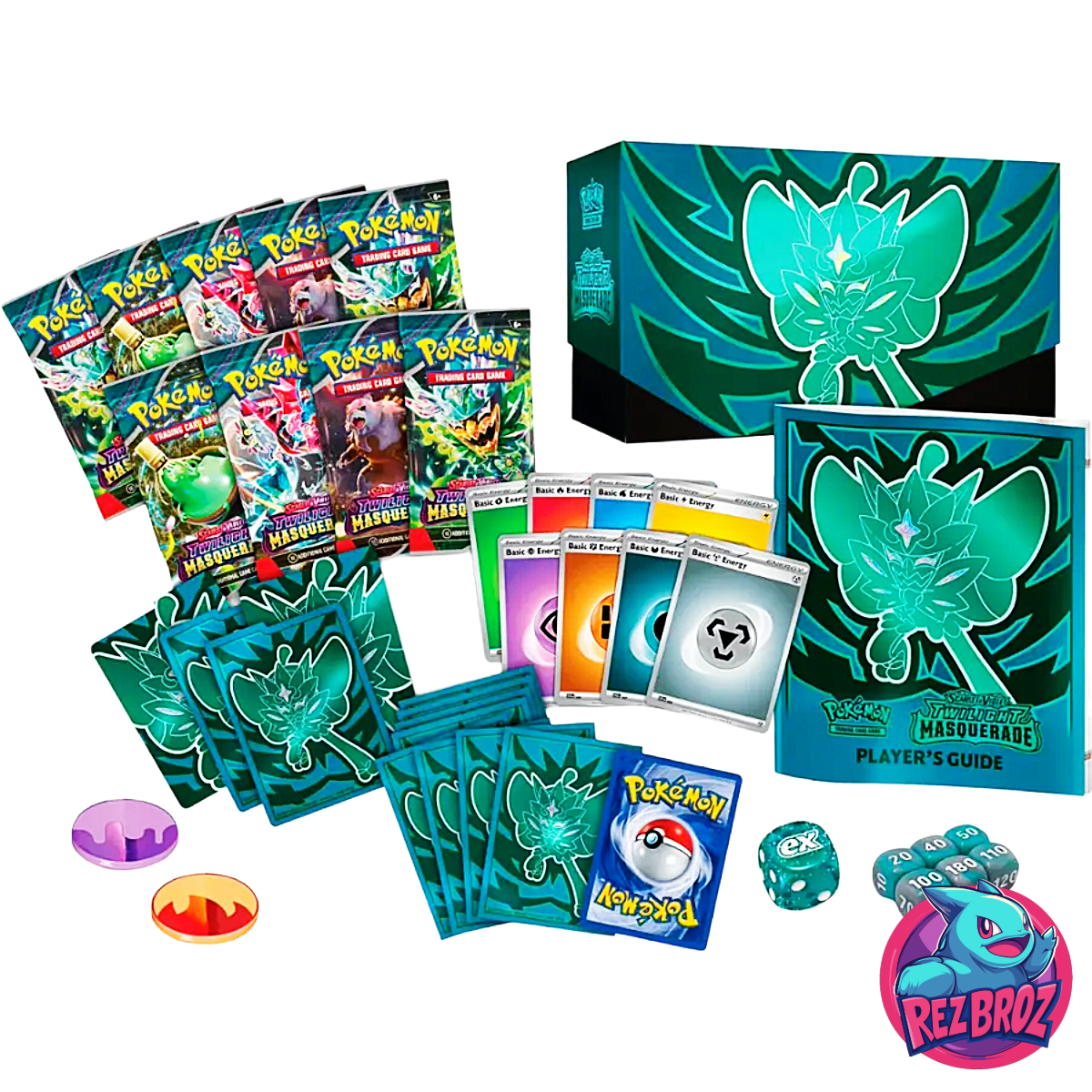 Pokémon TCG Twilight Masquerade Elite Trainer Box – Contents View with Rez Broz Collectibles Logo