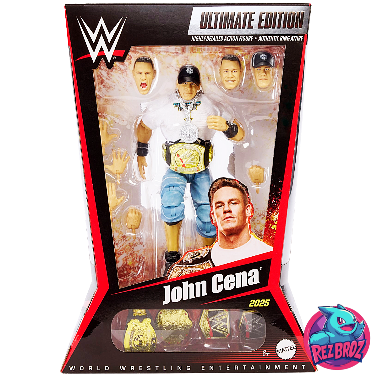 WWE John Cena action figure in packaging with branding and logos.