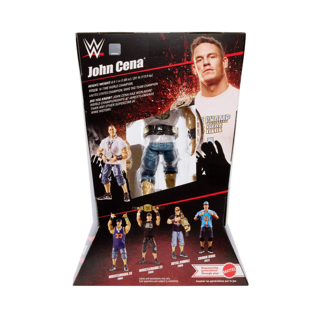 WWE John Cena action figure packaging with multiple figures displayed.