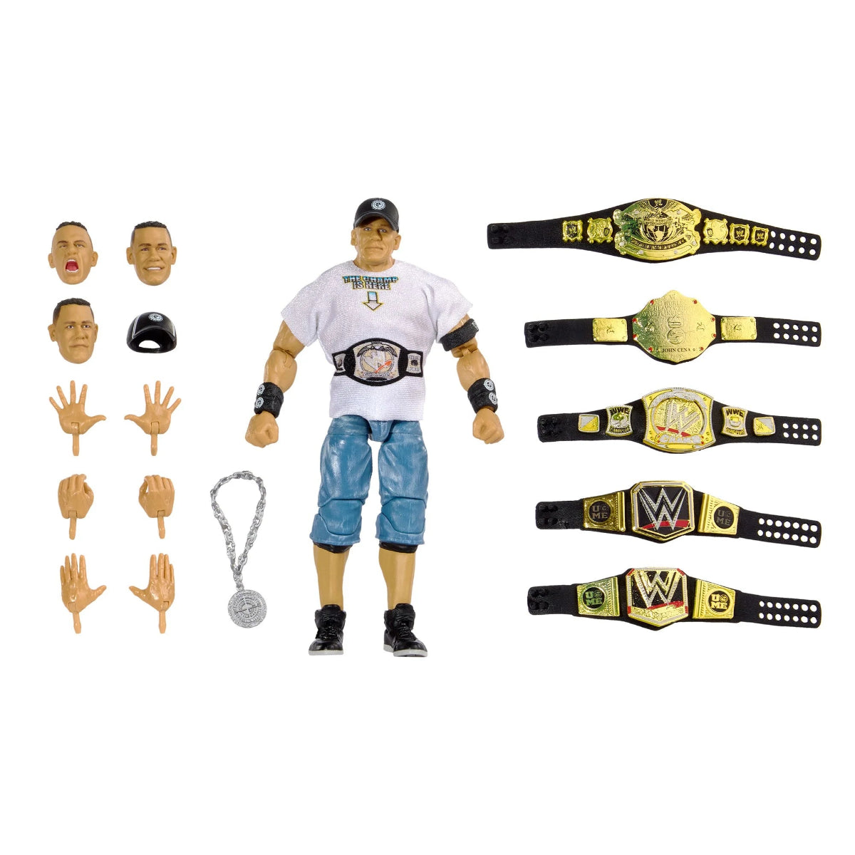 Wrestling action figure with interchangeable parts and championship belts on a white background