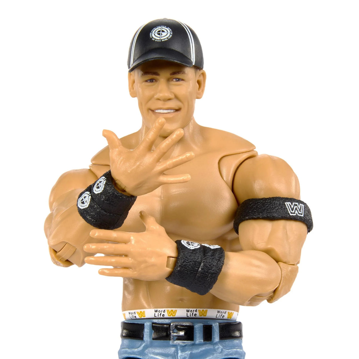 Wrestling figure with a black cap and wristbands on a white background