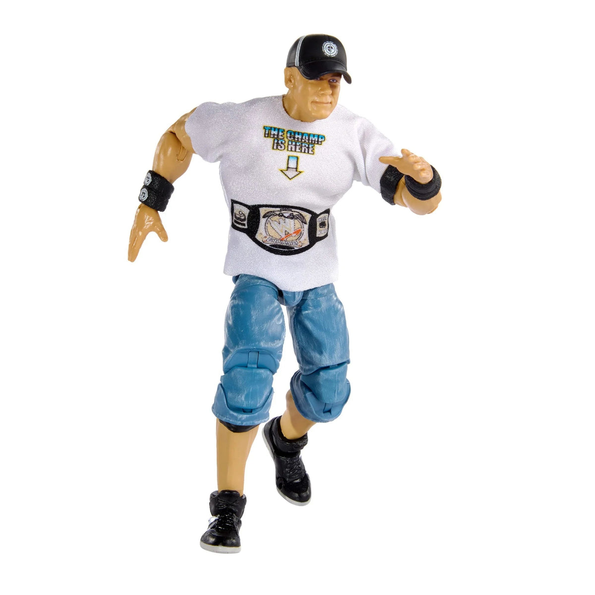 Action figure wearing a white t-shirt with text, blue pants, and a championship belt on a white background