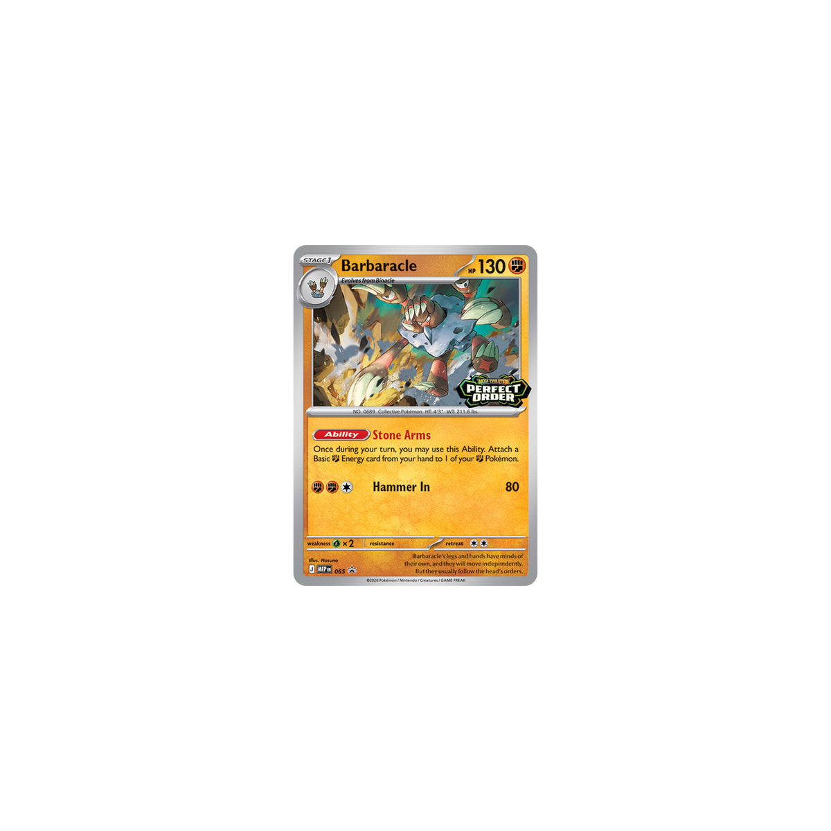 Perfect Order promo card Barbaracle MEP 065 — Stage 1 Fighting-type, HP 130, Stone Arms ability and Hammer In attack, one of four possible pulls from the Build & Battle Box