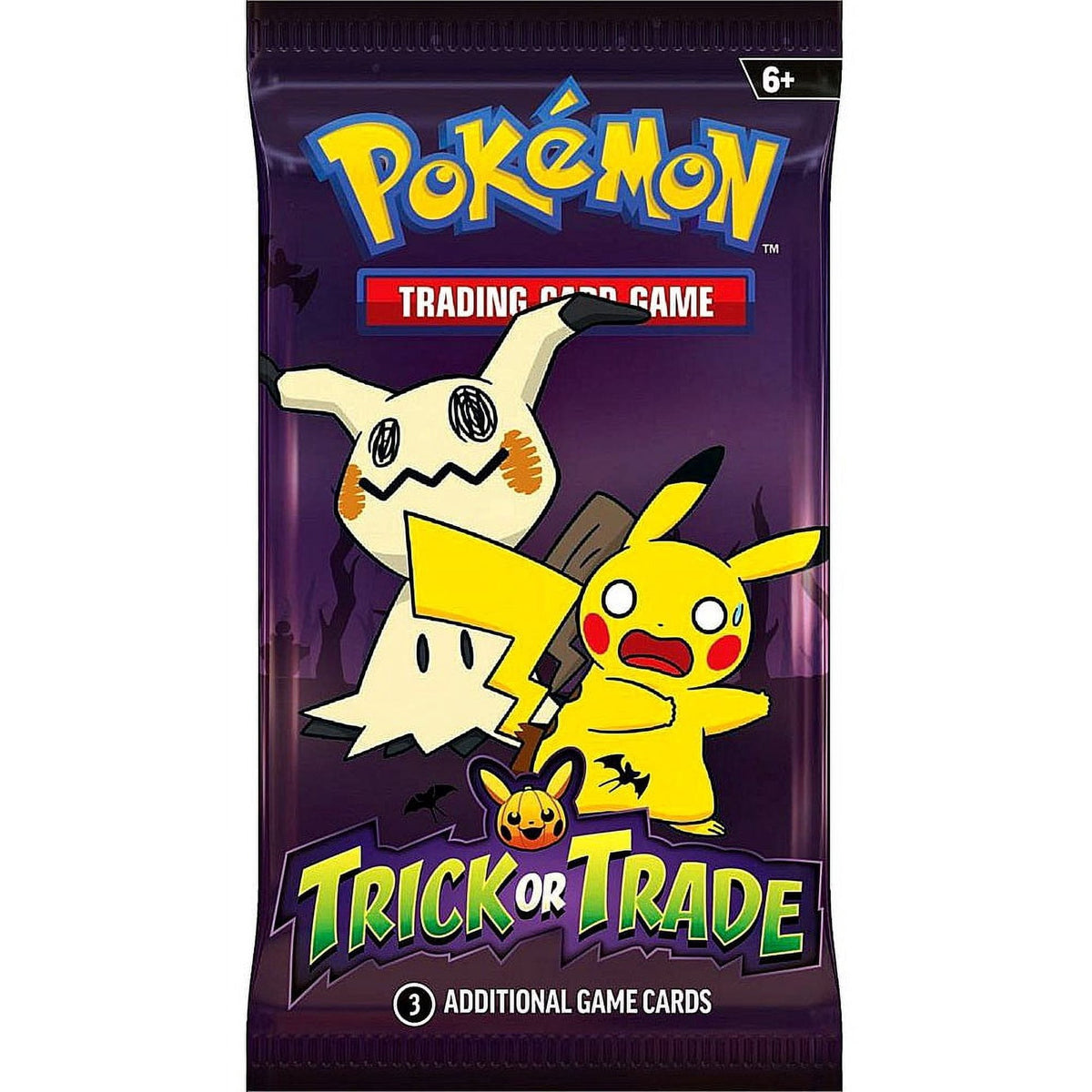 One sealed Pokémon TCG Trick or Trade 2023 BOOster Pack with Mimikyu and Pikachu Halloween artwork, 3 additional game cards