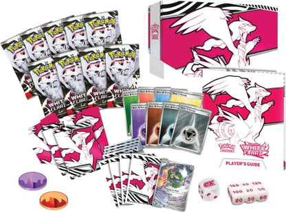 Pokémon trading card game set with cards, dice, and player's guide on a white background