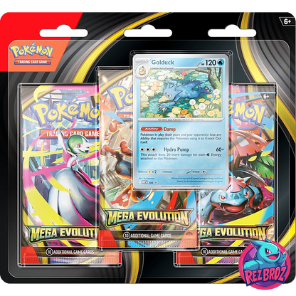 Pokémon TCG: Mega Evolution 3-Booster Blister Pack (3 Packs + Promo) - Golduck Art - Rez Broz Collectibles