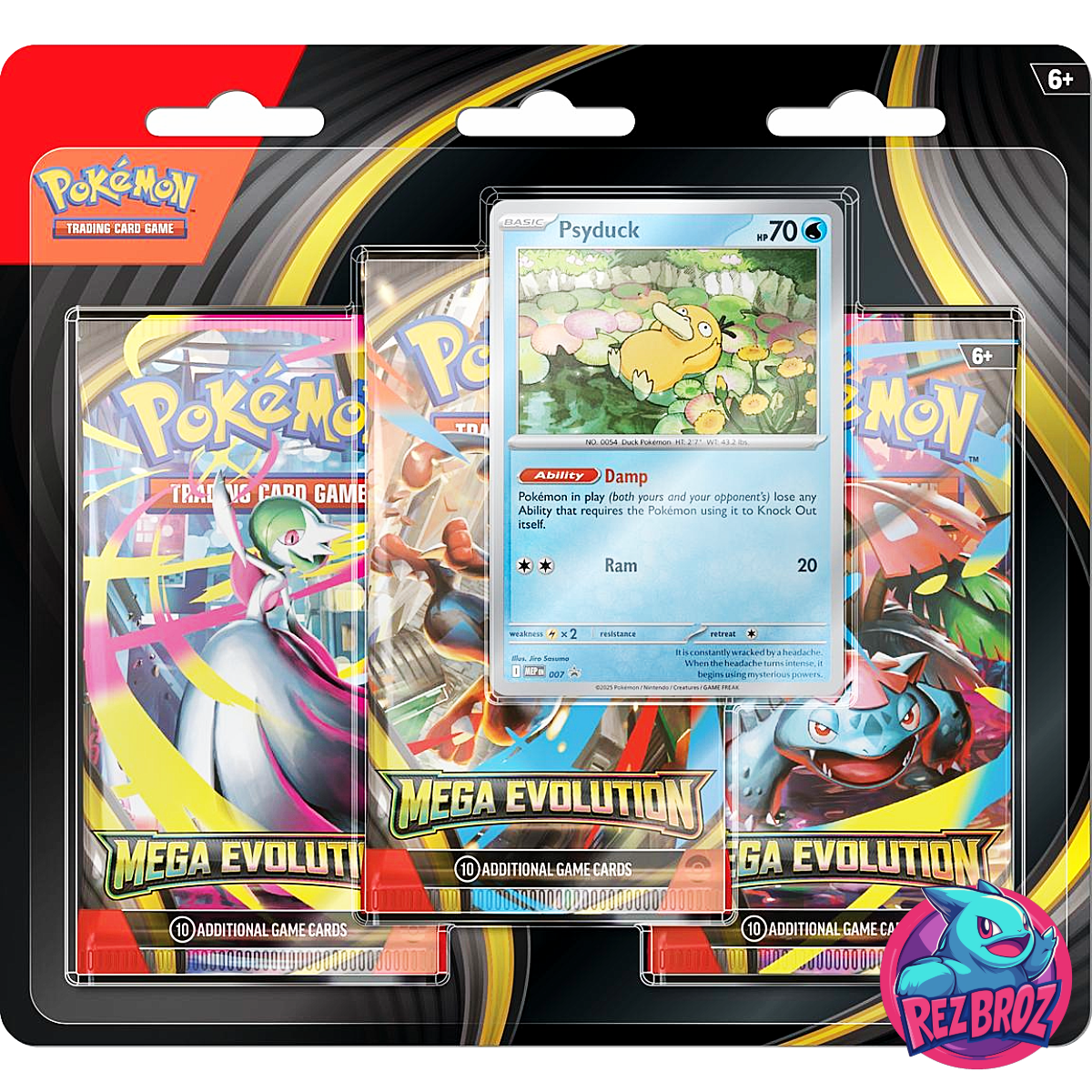  Pokémon TCG: Mega Evolution 3-Booster Blister Pack (3 Packs + Promo) - Psyduck Art - Rez Broz Collectibles