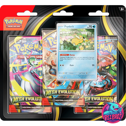  Pokémon TCG: Mega Evolution 3-Booster Blister Pack (3 Packs + Promo) - Psyduck Art - Rez Broz Collectibles
