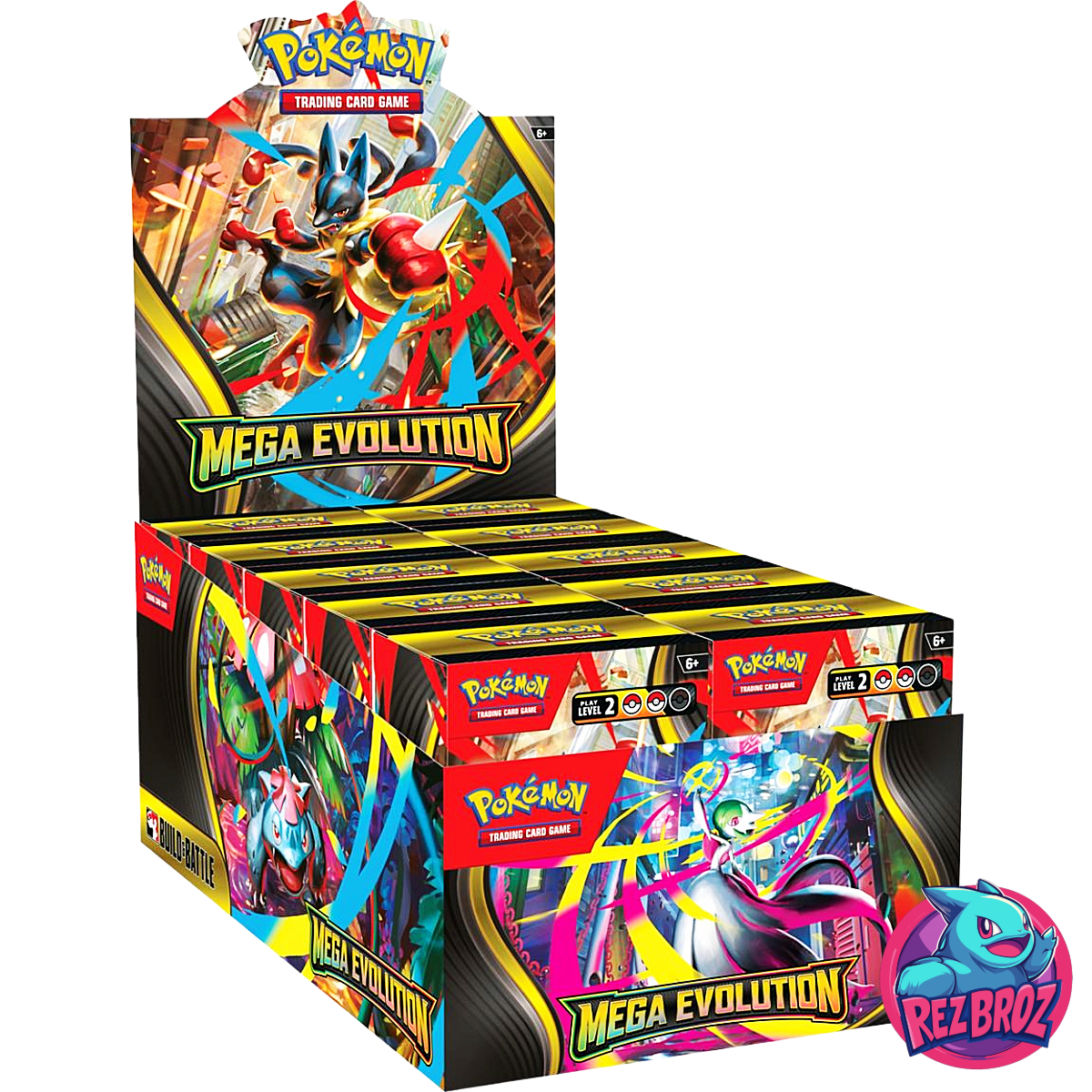 Pokémon TCG: Mega Evolution Build and Battle Box - Display Box Angled View - Rez Broz Collectibles