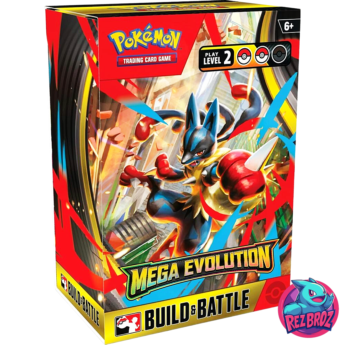 Pokémon TCG: Mega Evolution Build and Battle Box - Lucario Box Angled View - Rez Broz Collectibles