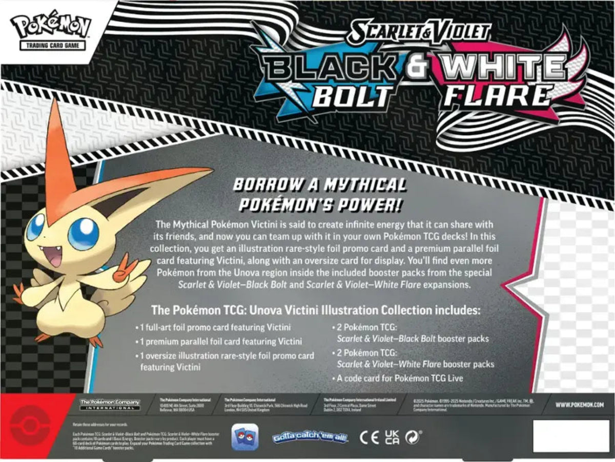 Pokémon trading card game booster pack back featuring Victini and promotional text.