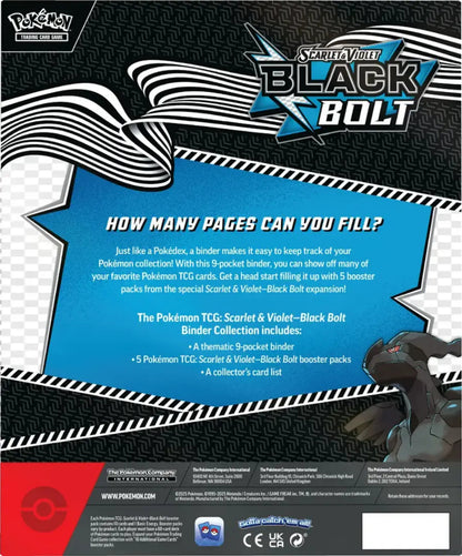Pokémon Black Bolt packaging with text and graphics on a black and blue background