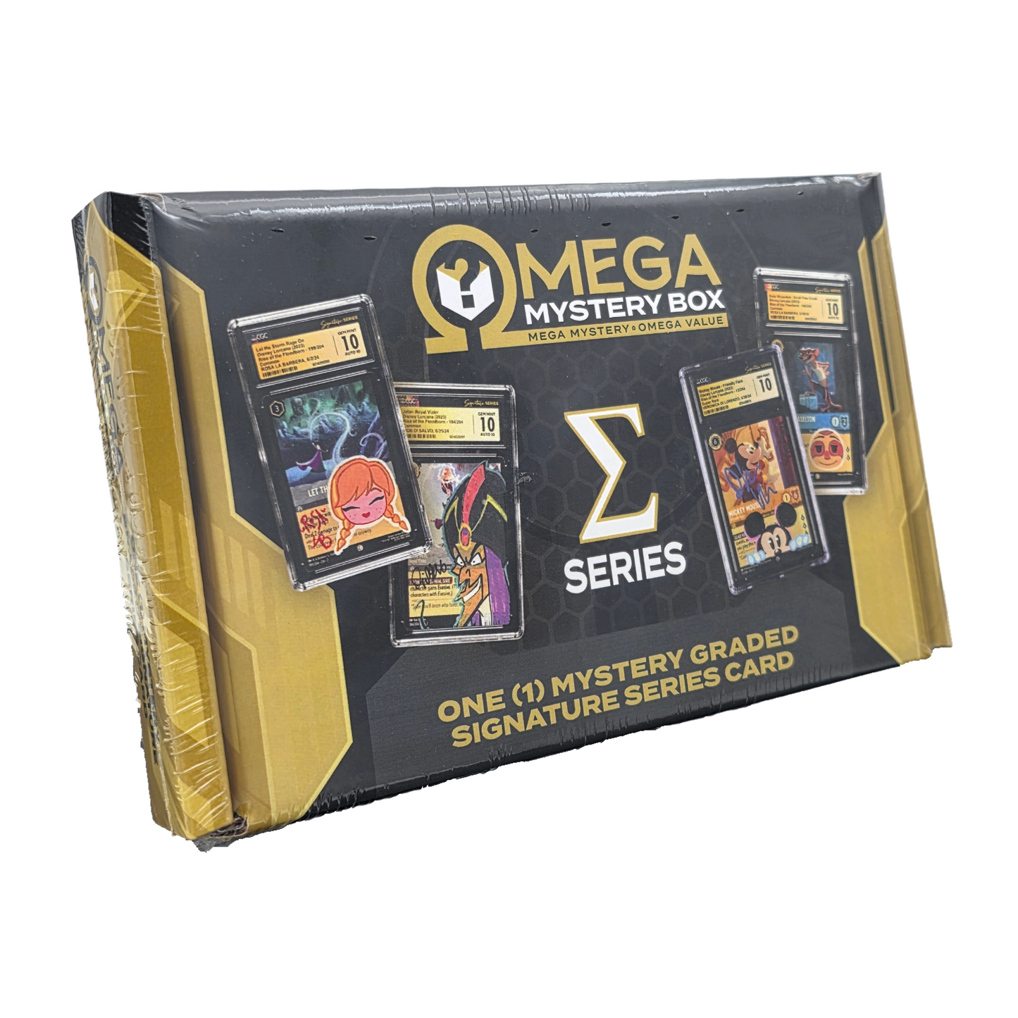 Angled view of the sealed 2026 Omega Mystery Box Sigma Sketch Edition Disney Lorcana CGC graded Signature Series mystery box