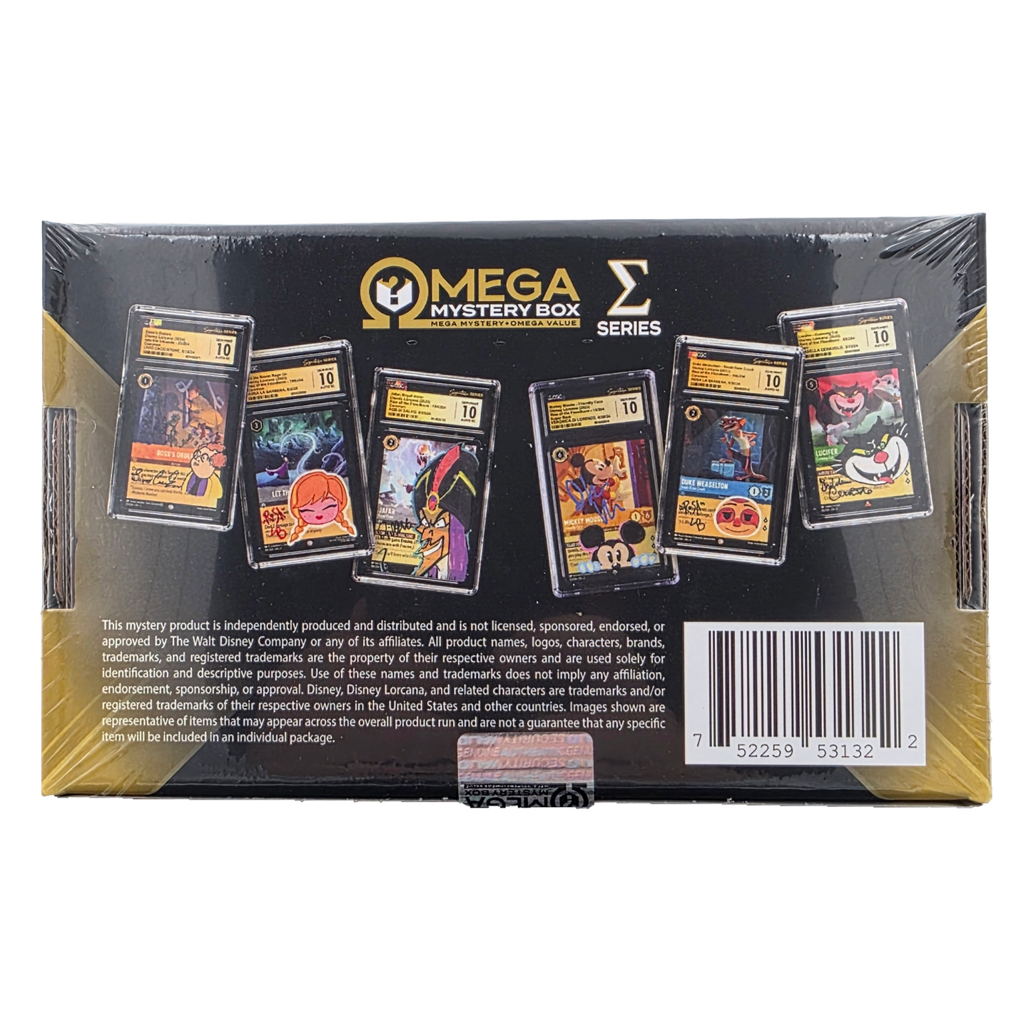 Back of the 2026 Omega Mystery Box Sigma Sketch Edition sealed box showing Disney Lorcana Signature Series details and UPC barcode