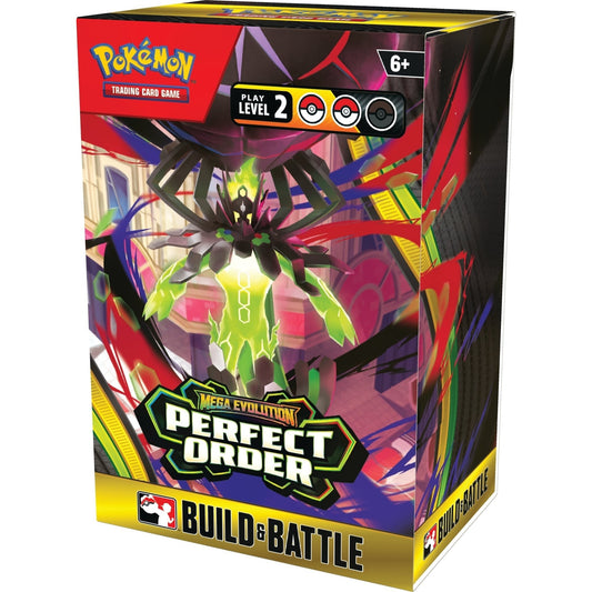 Pokémon Mega Evolution Perfect Order Build & Battle Box ME03 — sealed box front with Mega Zygarde artwork and Play Level 2 badge