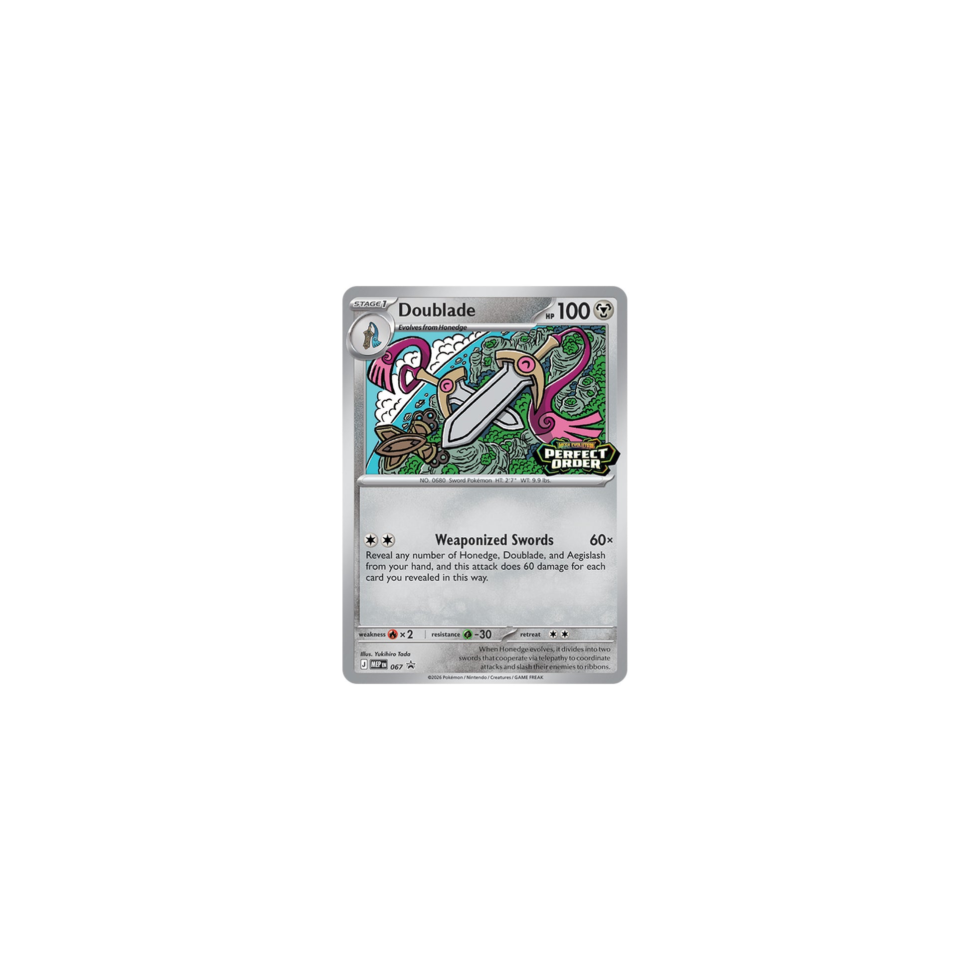 Perfect Order promo card Doublade MEP 067 — Stage 1 Metal-type, HP 100, Weaponized Swords attack, one of four possible pulls from the Build & Battle Box