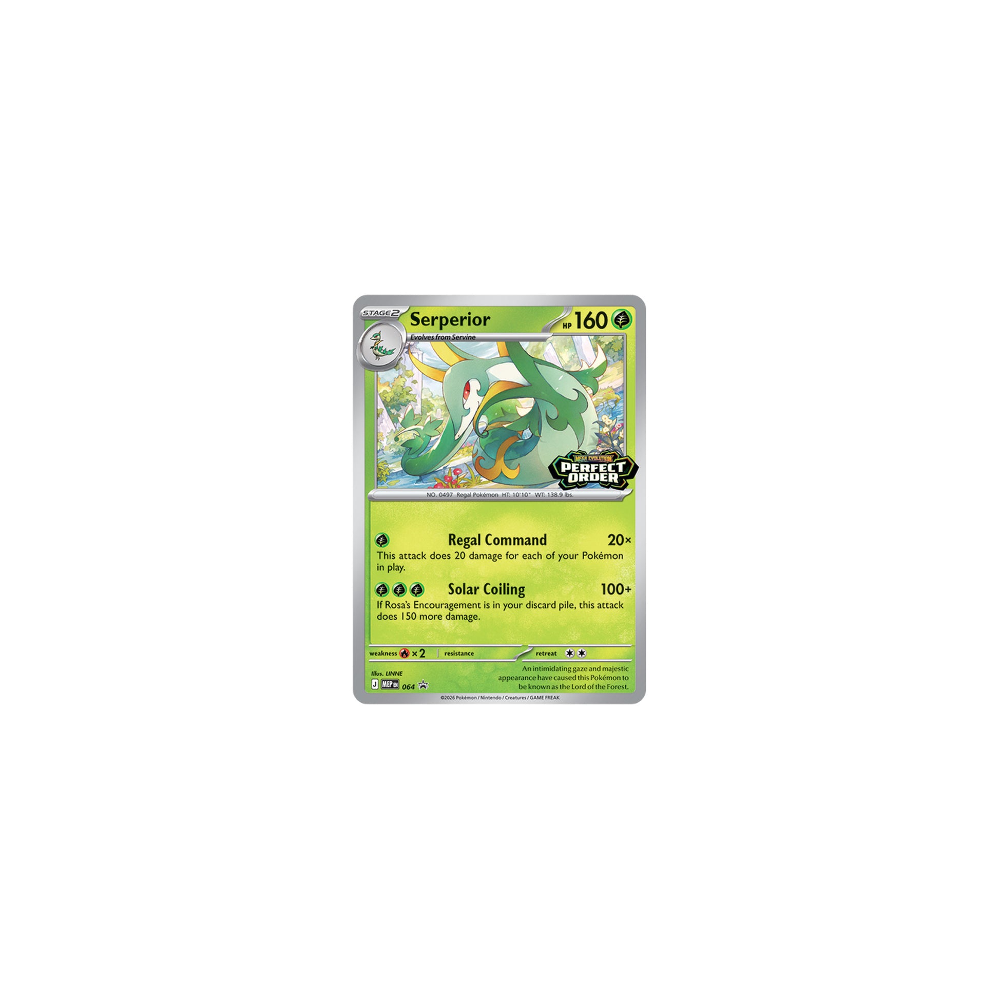 Perfect Order promo card Serperior MEP 064 — Stage 2 Grass-type, HP 160, Regal Command and Solar Coiling attacks, one of four possible pulls from the Build & Battle Box