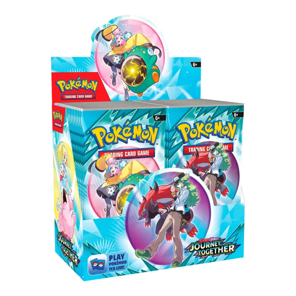 Angled view of Pokémon TCG SV09 Journey Together booster display box with 36 packs